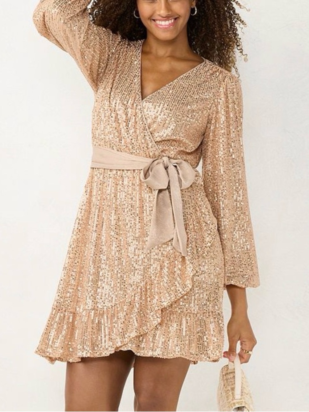 EUC Lauren Conrad Faux-Wrap Fit & Flare Champagne Sequin Dress Size XXL NoBelt